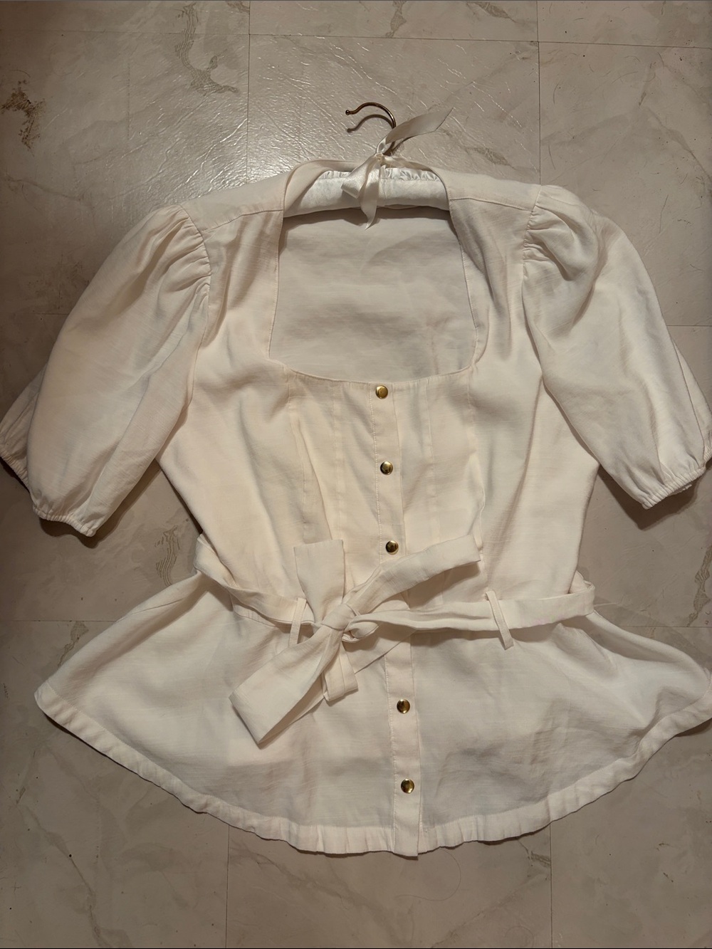 Nine West White Square-Neck Puff Sleeve Button-Front Top with Waist Tie